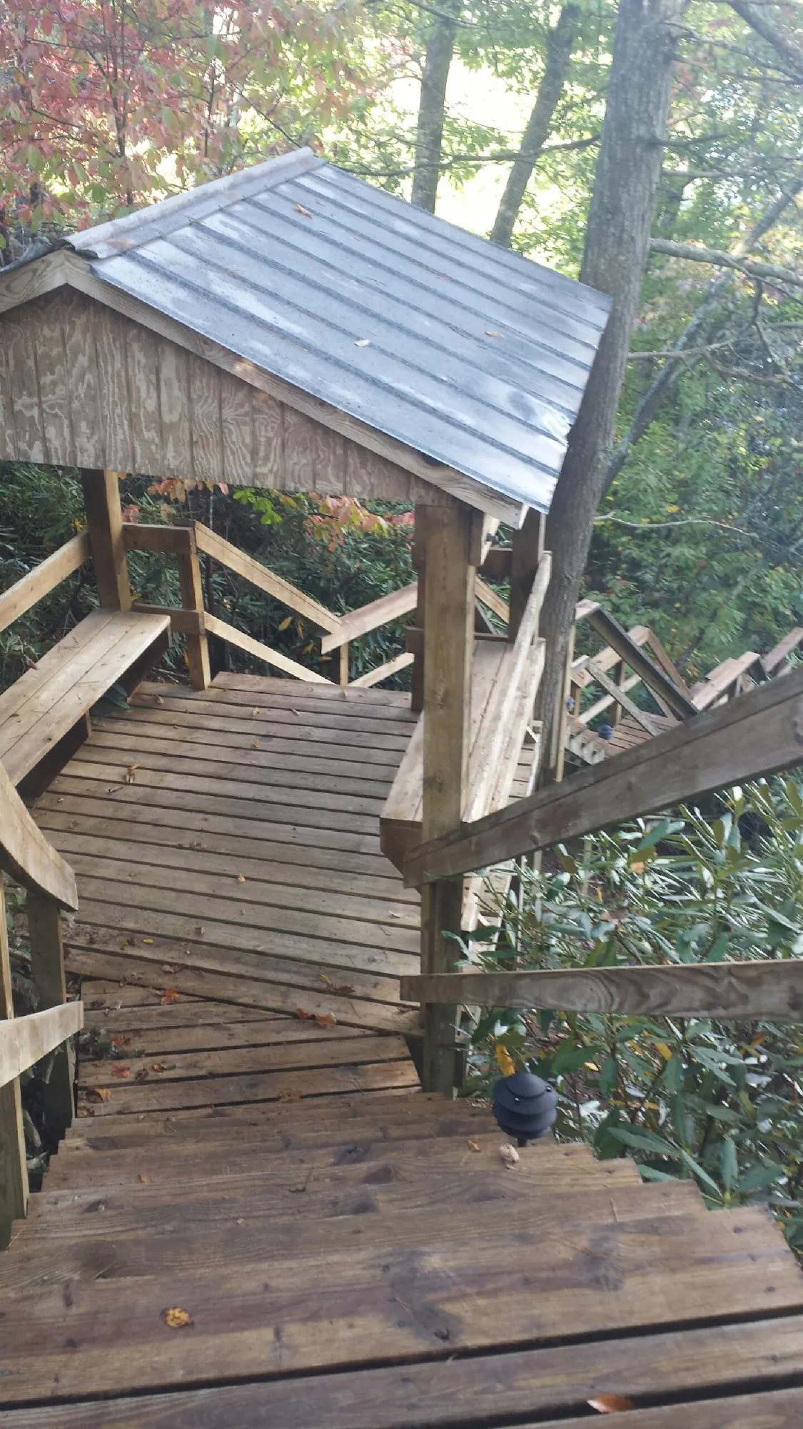Metal roofed shelter over wooden steps on a wooded walkway — Skylight Repair & Installation work by our crew in Severance